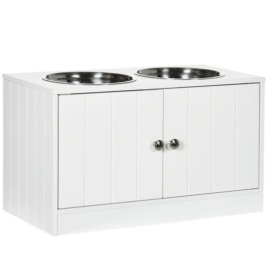 white wood raised feeder with two stainless steel bowls, clean lines, minimalist design
