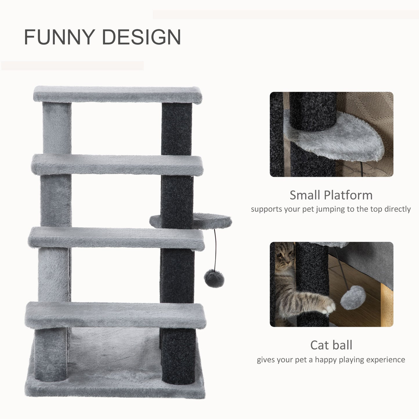 velour cat tree, grey and charcoal tones, soft platforms, playful pom-pom toy, clean studio light
