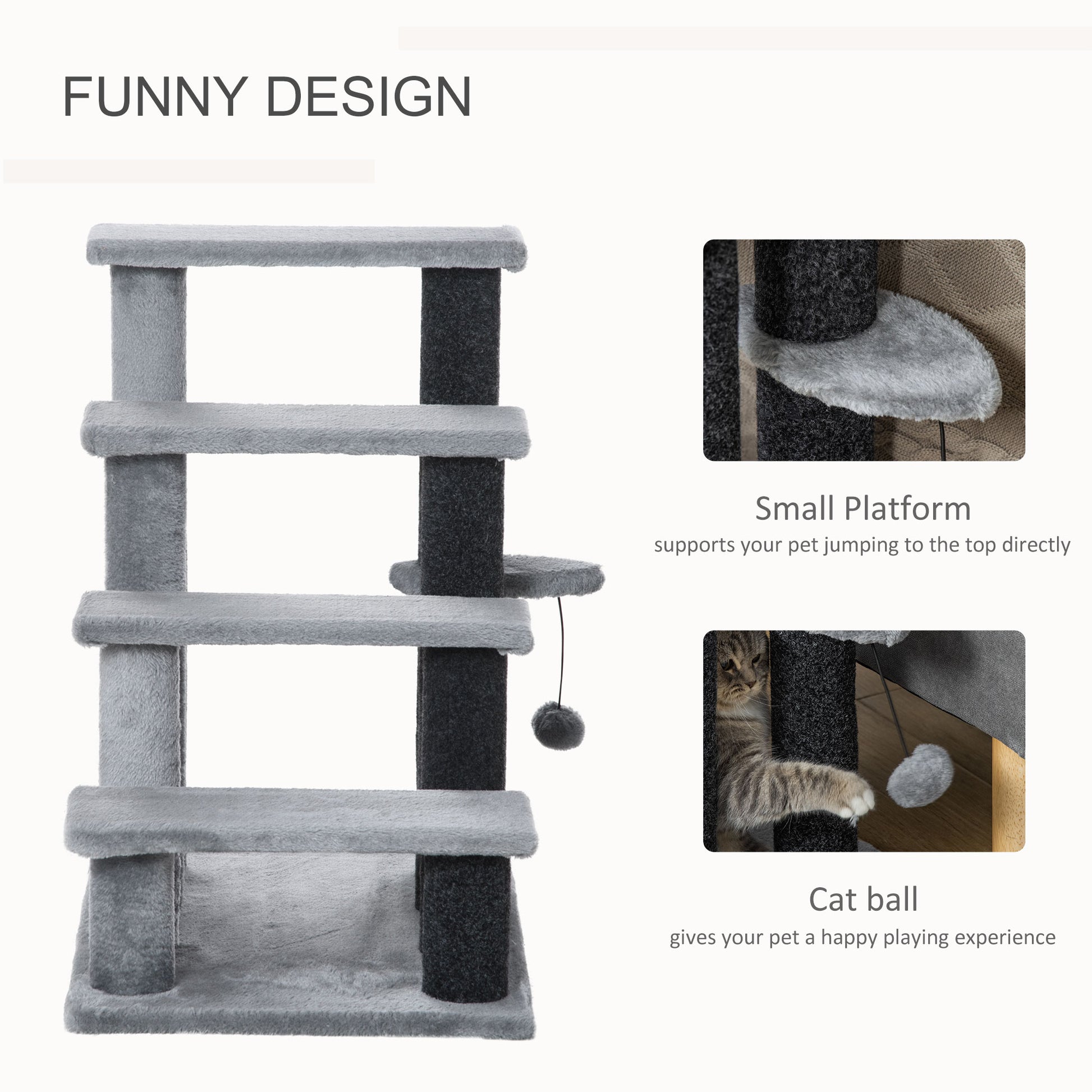 velour cat tree, grey and charcoal tones, soft platforms, playful pom-pom toy, clean studio light