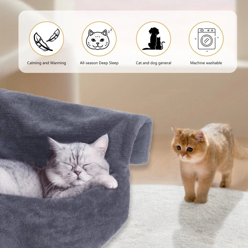 velour pet bed, soft grey texture, sleeping cat, warm neutral tones, machine washable