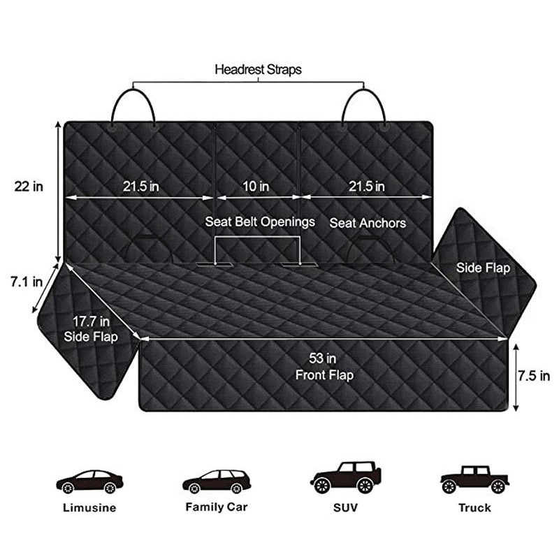 black quilted pet car seat cover, diamond stitching, headrest straps, side flaps, fits limousine to truck