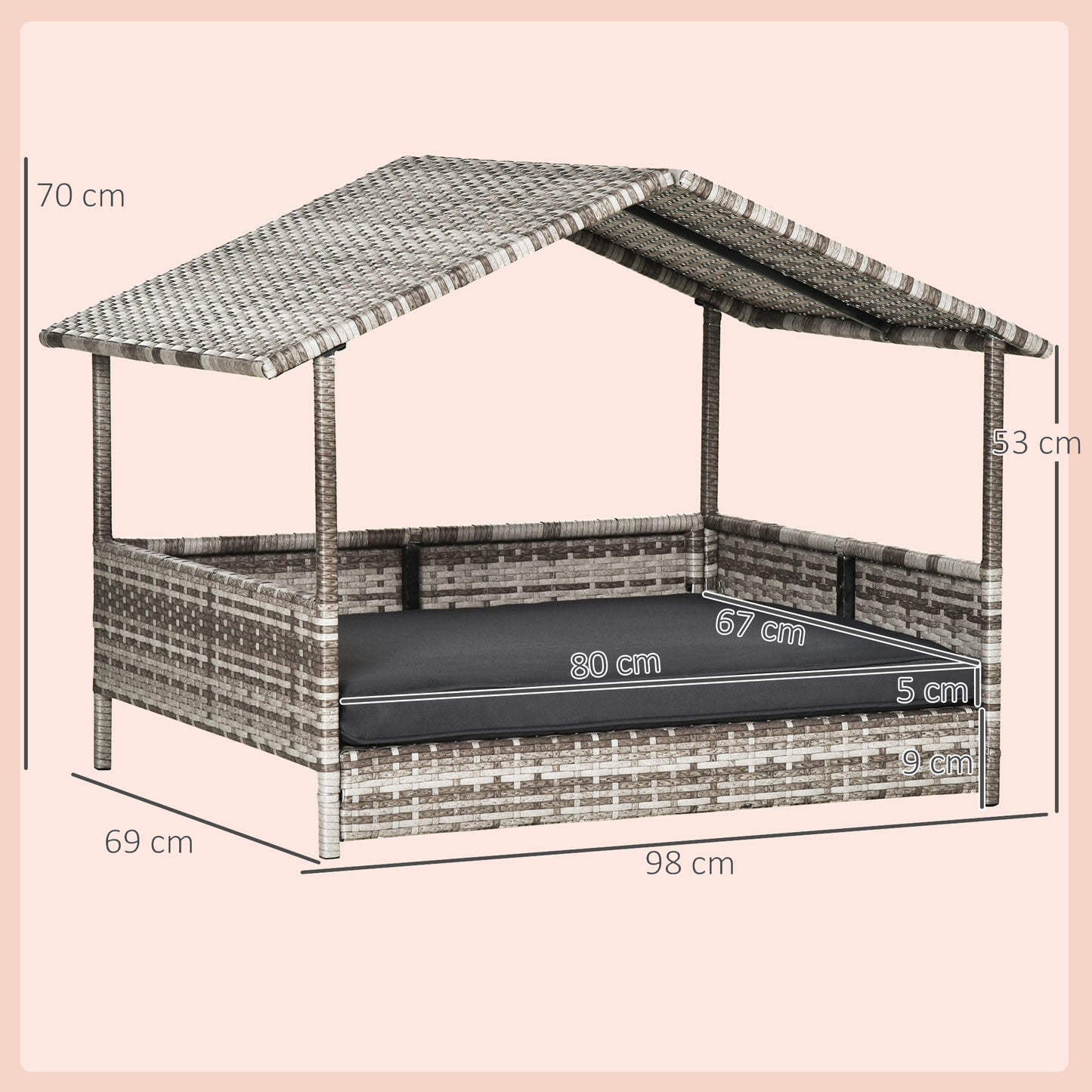 rattan dog bed with canopy, dark cushion, warm neutral tones, studio lighting