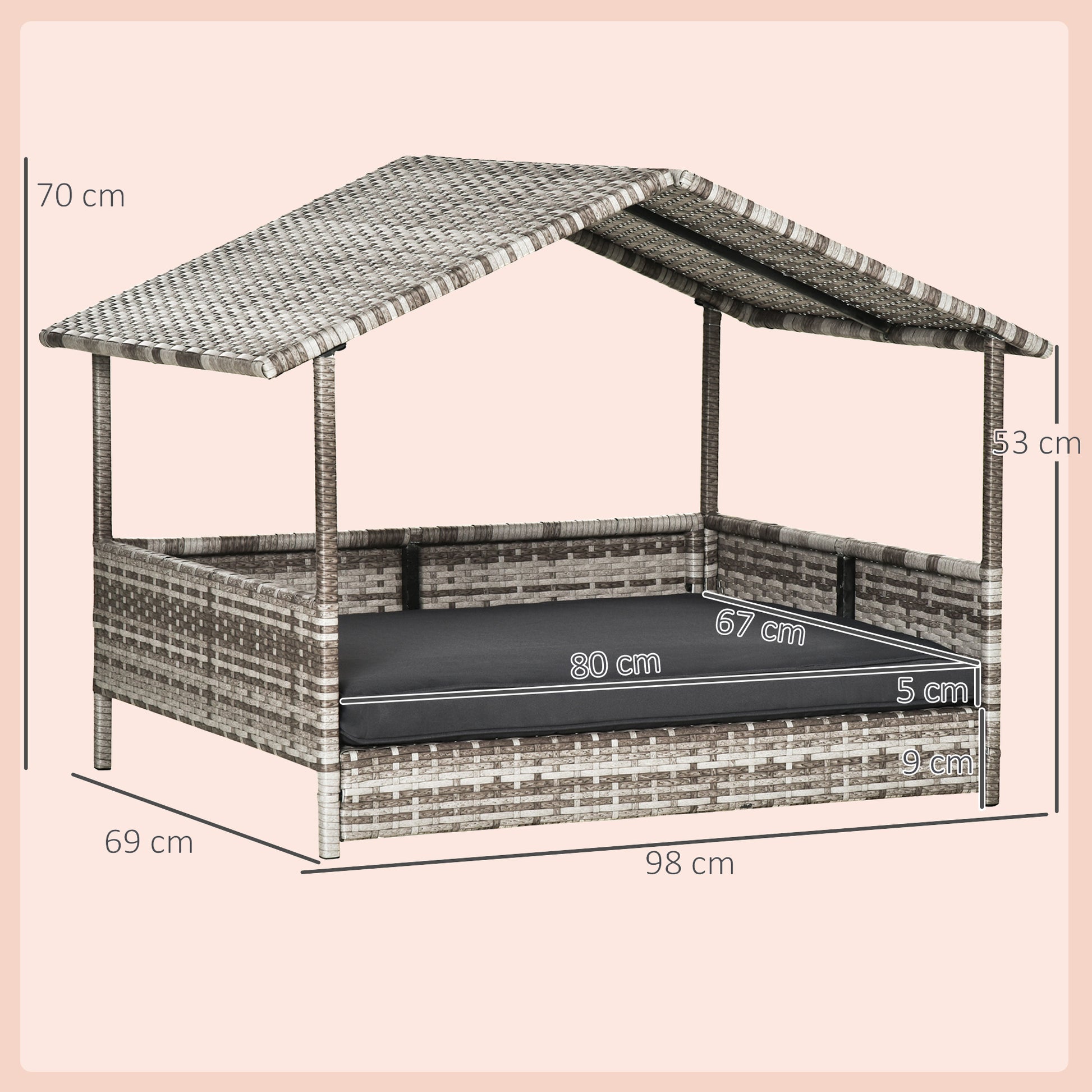 rattan dog bed with canopy, dark cushion, warm neutral tones, studio lighting