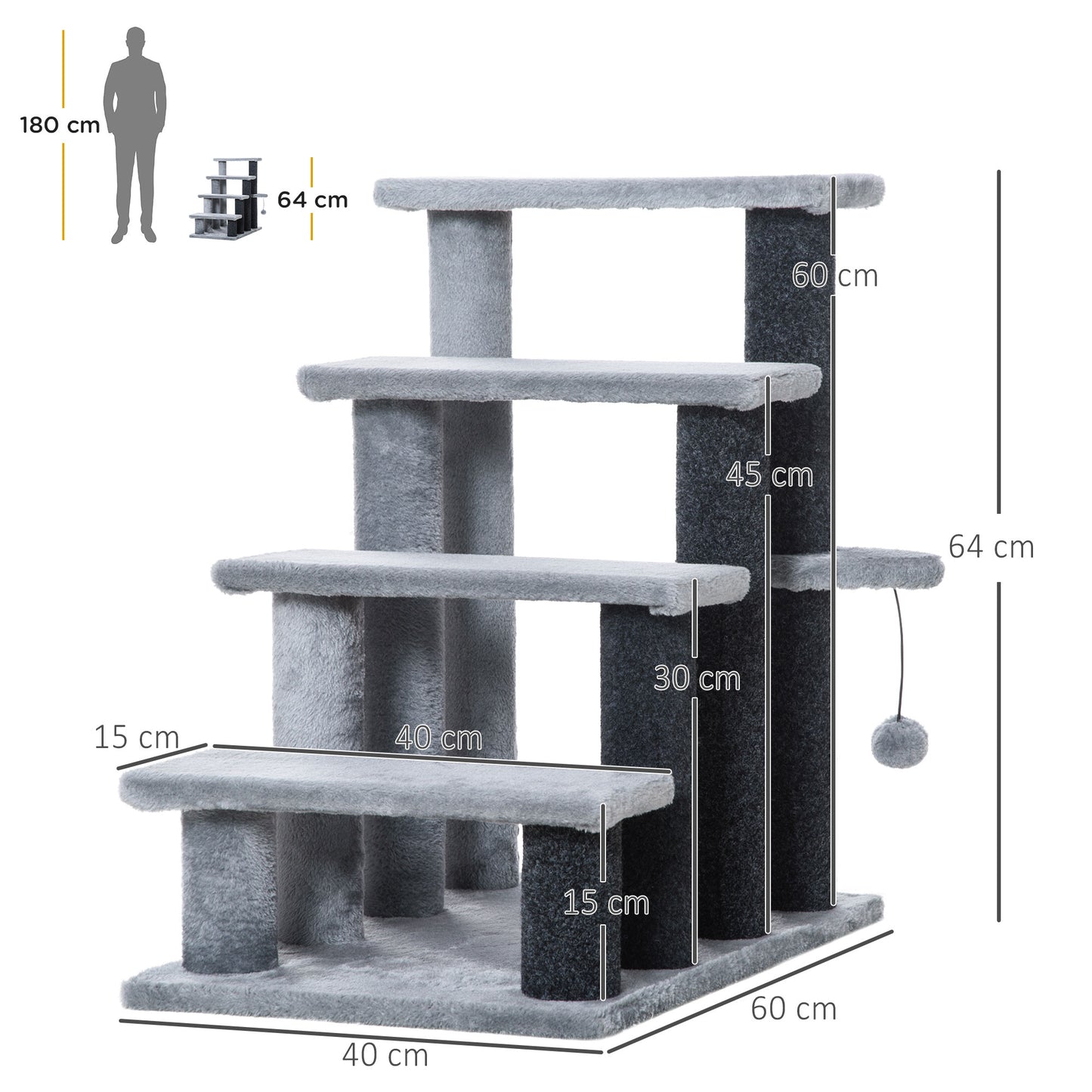 velour cat tree, grey and charcoal tones, multi-level platforms with dimensions, soft texture, minimalist studio lighting