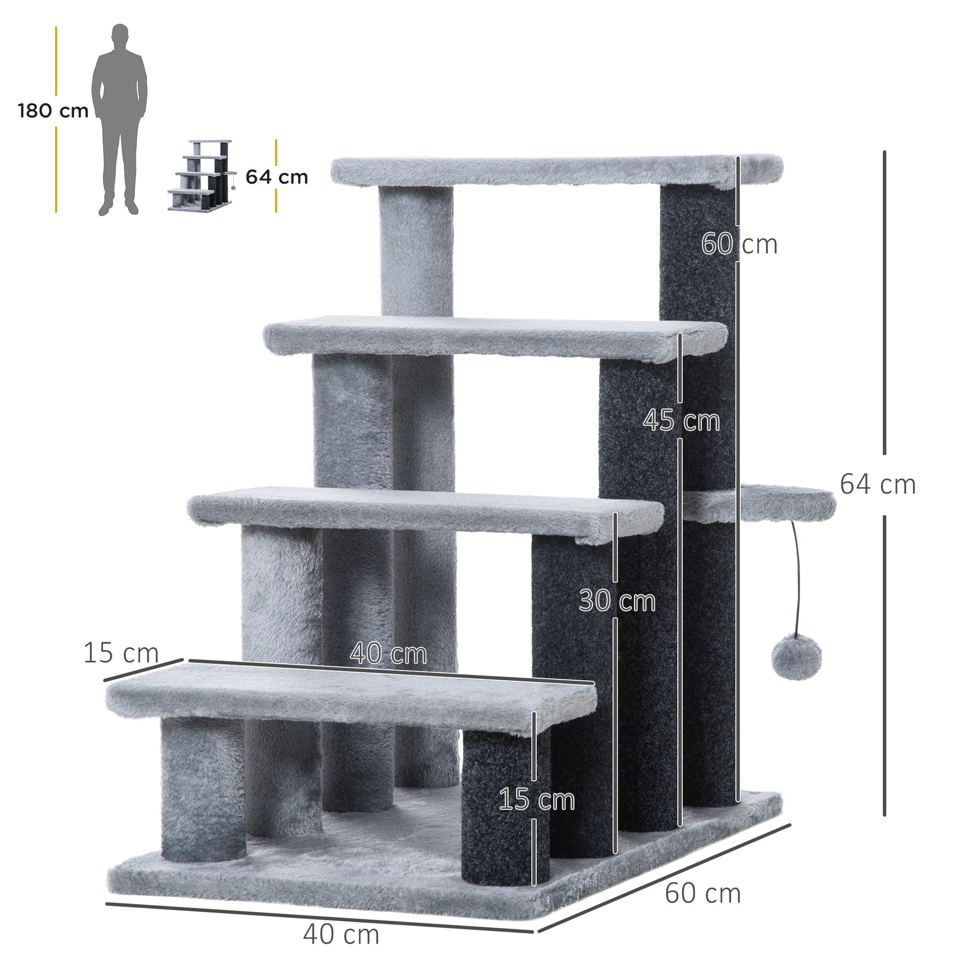 velour cat tree, grey and charcoal tones, multi-level platforms with dimensions, soft texture, minimalist studio lighting