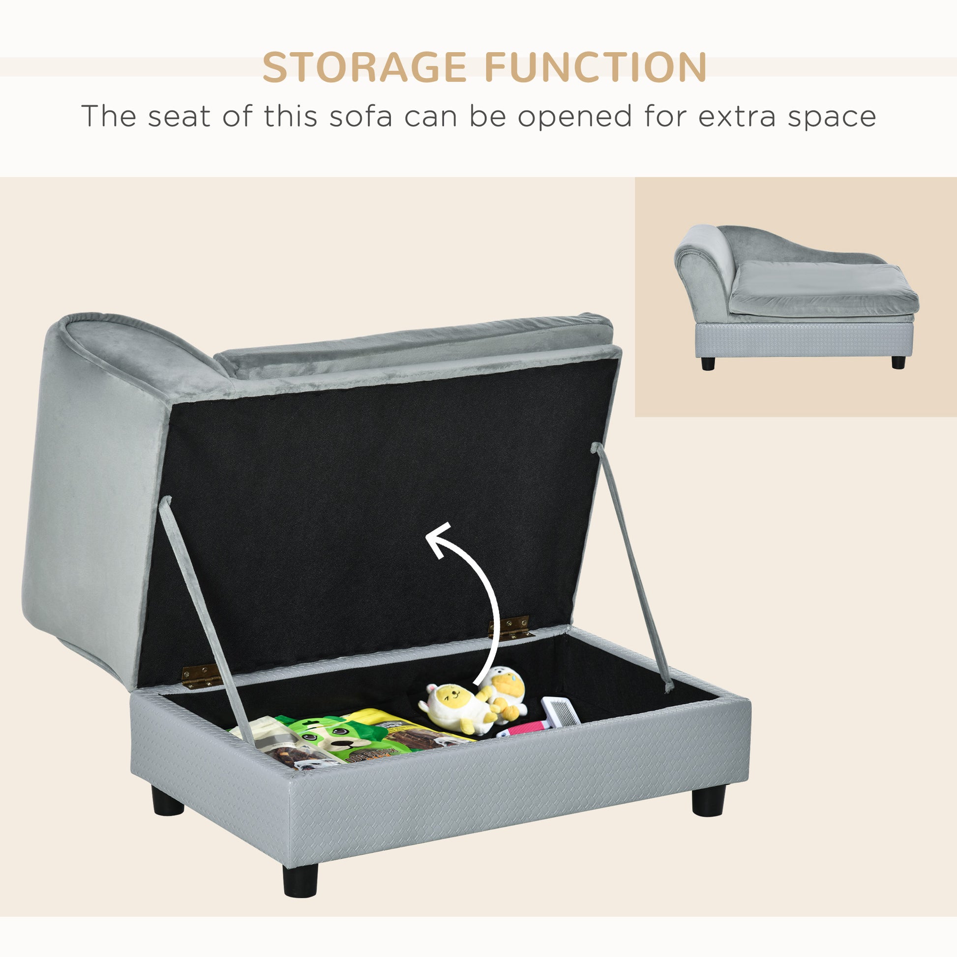 velour pet sofa with storage, light grey upholstery, black interior, plush toys inside, soft studio lighting