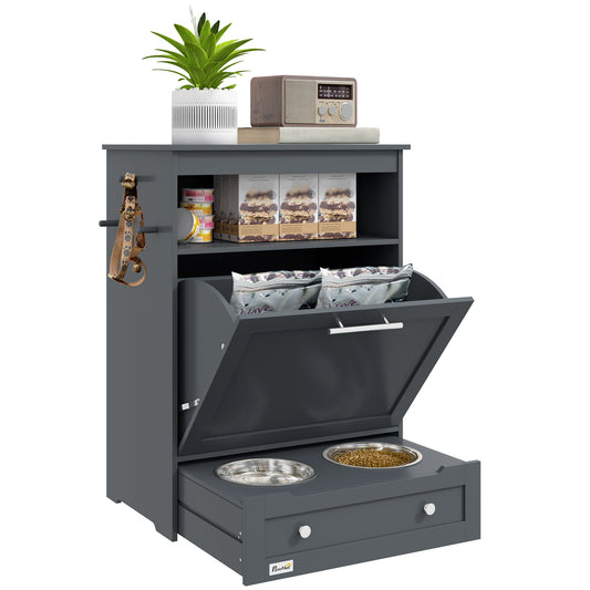 dark grey pet feeder station, open compartment with food bags, stainless steel bowls, shelf with treats, leash hook