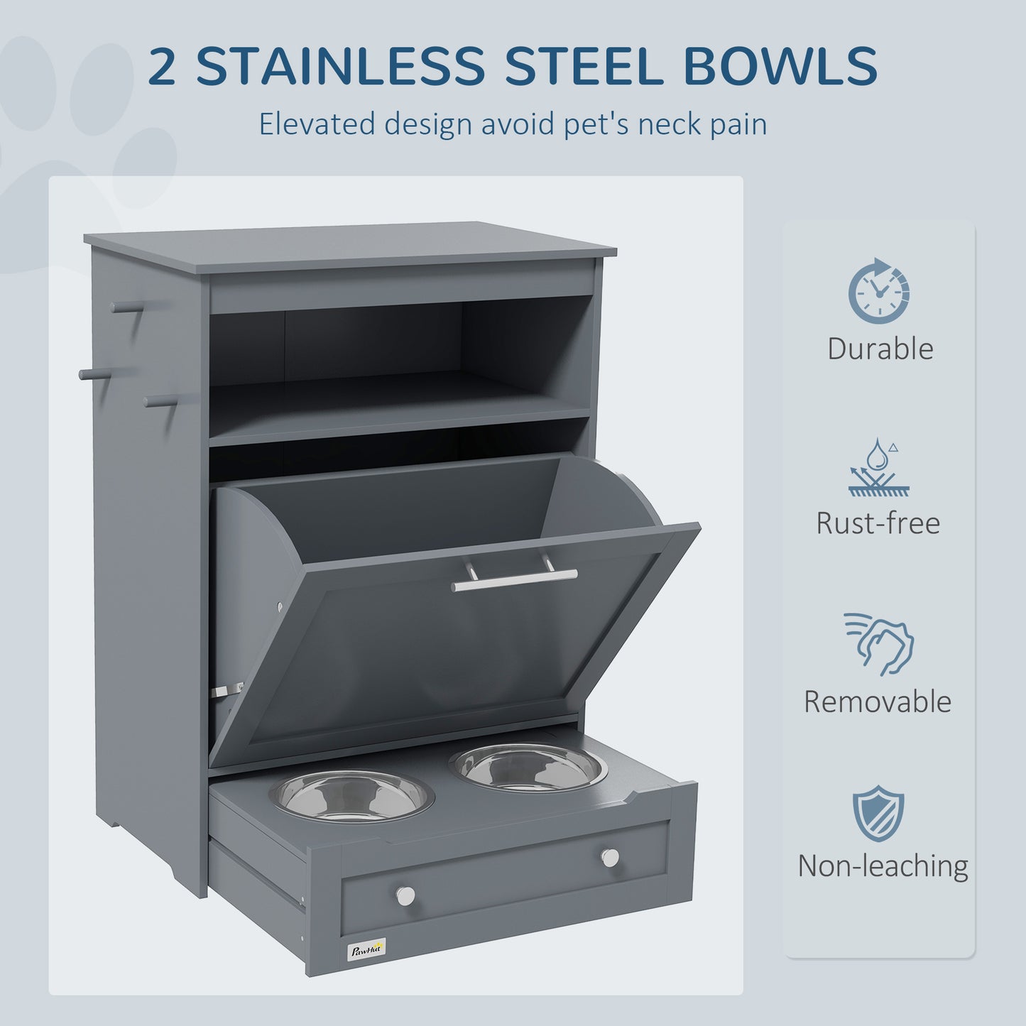 grey wood raised pet feeder, stainless steel bowls, soft studio light, clean modern composition
