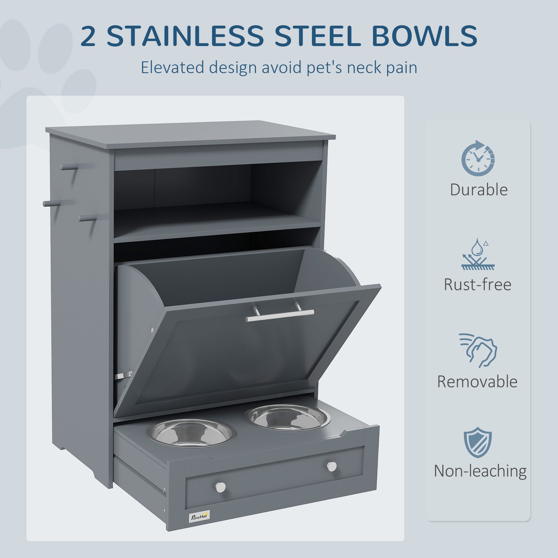 grey wood raised pet feeder, stainless steel bowls, soft studio light, clean modern composition