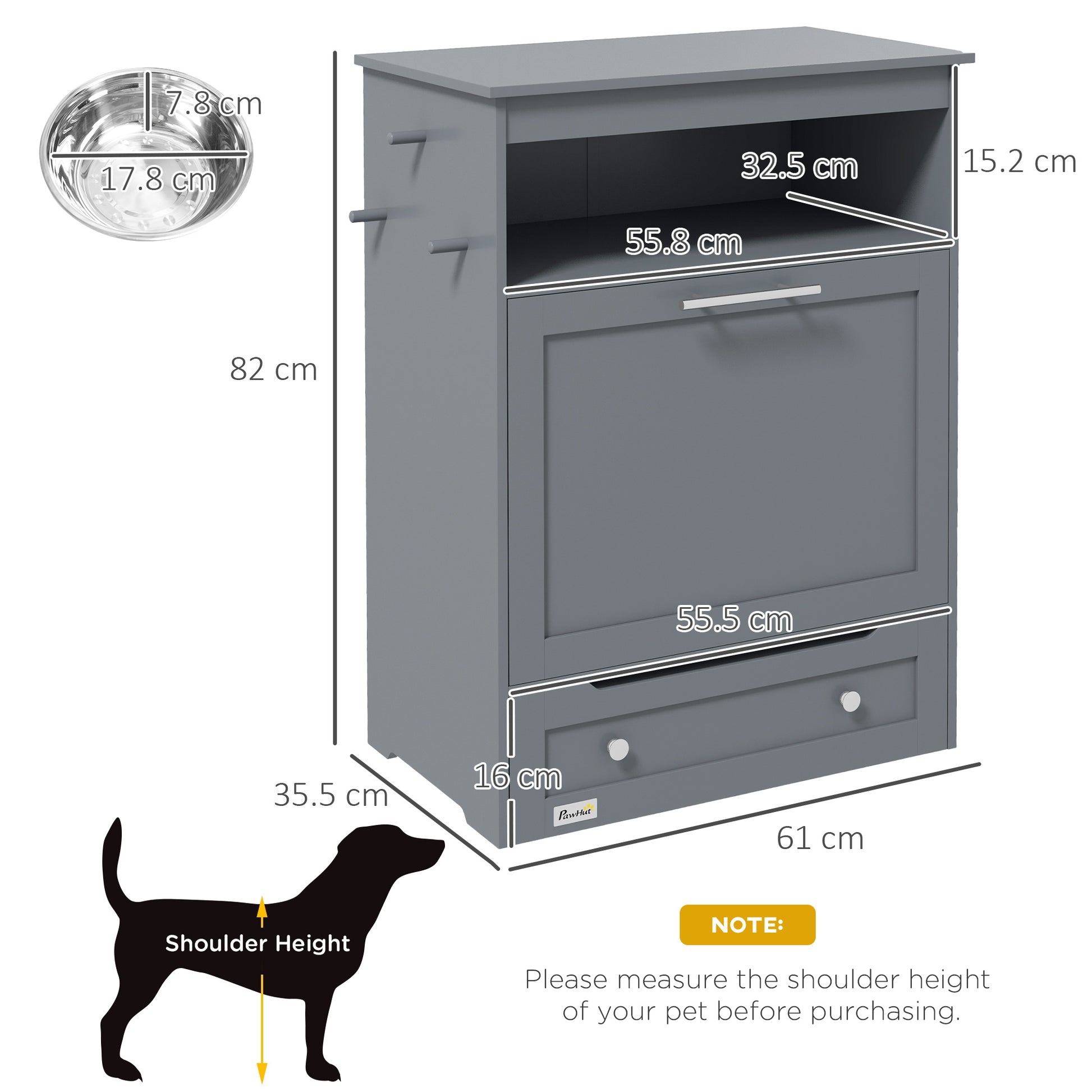 grey wood pet feeder cabinet, stainless steel bowl, clean studio light, dog shoulder height guide