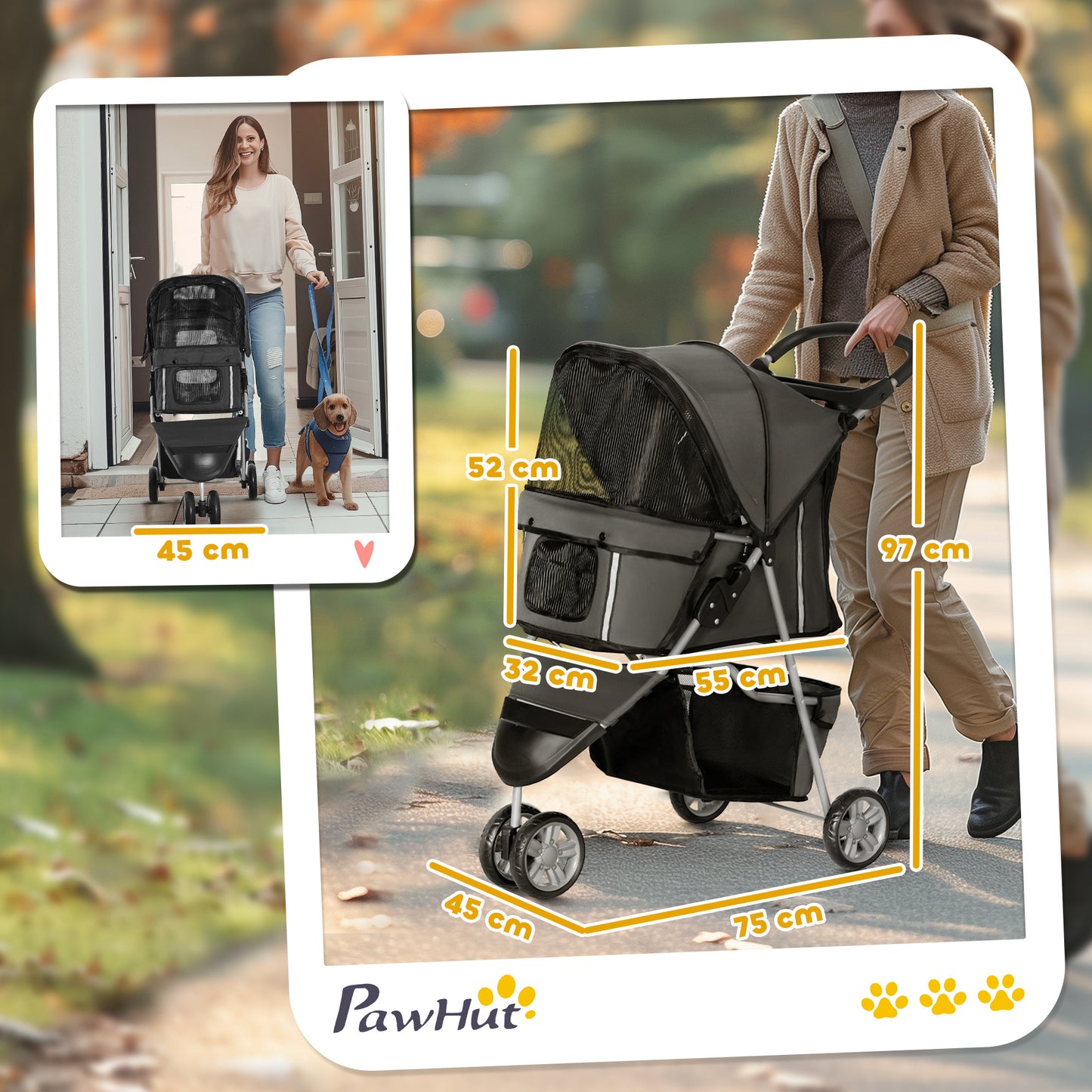black pet stroller, mesh panels, autumn light, dimensions shown, woman walking outdoors