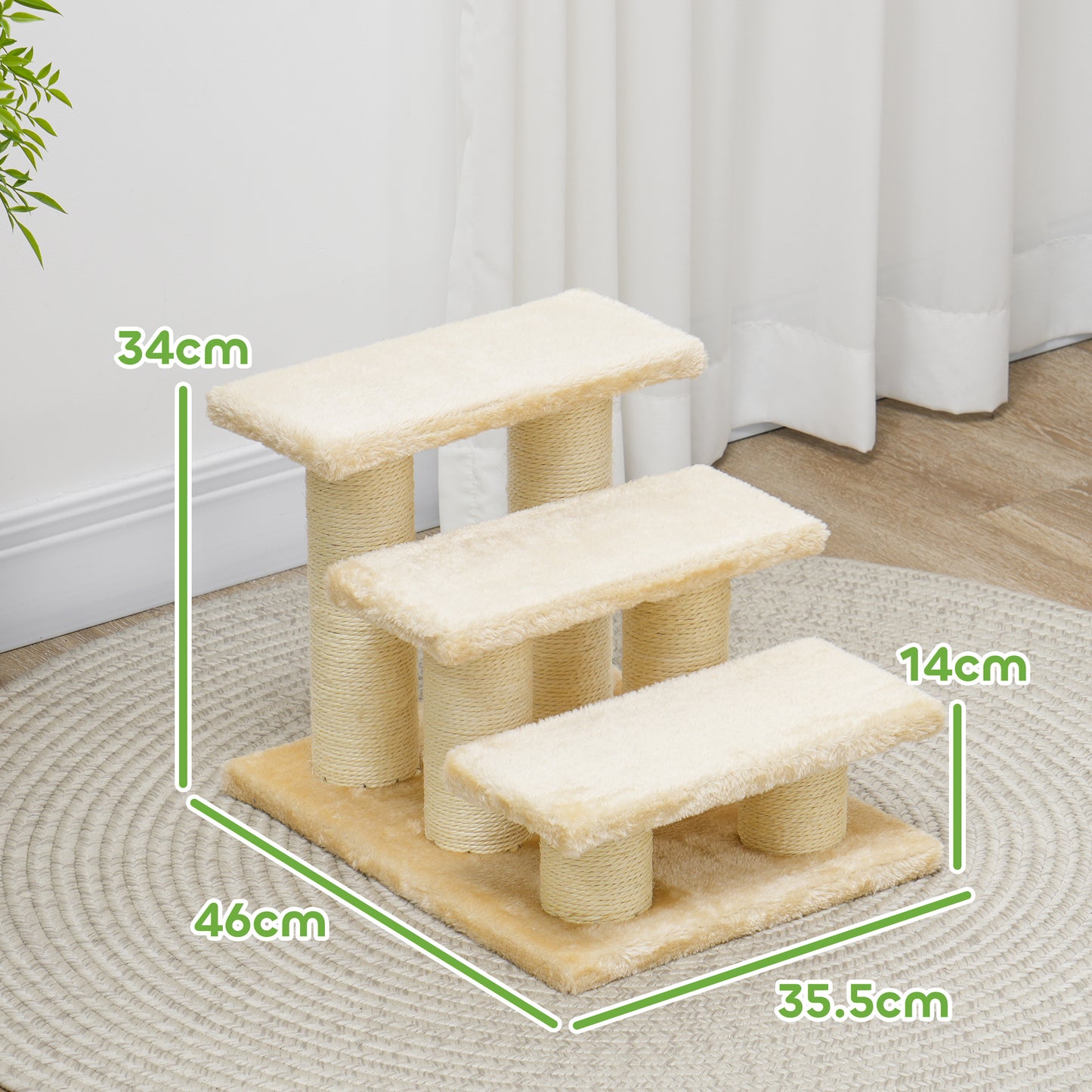 velour cat steps, sisal wrapped posts, soft beige tones, natural light, woven rug base