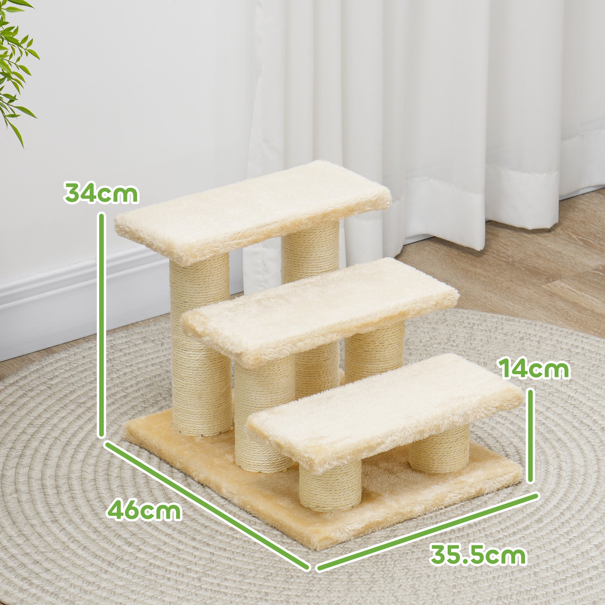 velour cat steps, sisal wrapped posts, soft beige tones, natural light, woven rug base