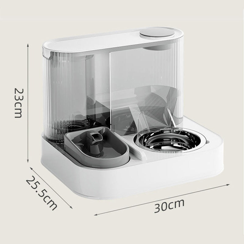 white raised pet feeder, stainless steel bowl, clear water reservoir, soft studio lighting