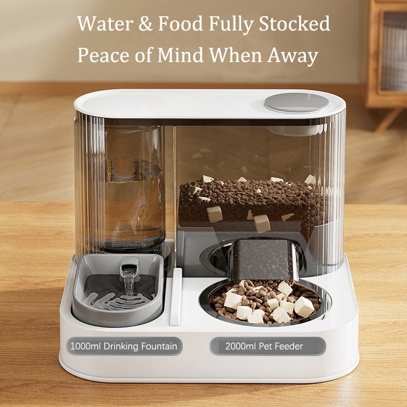 white pet feeder with 2000ml capacity, 1000ml drinking fountain, clear reservoirs, light wood surface