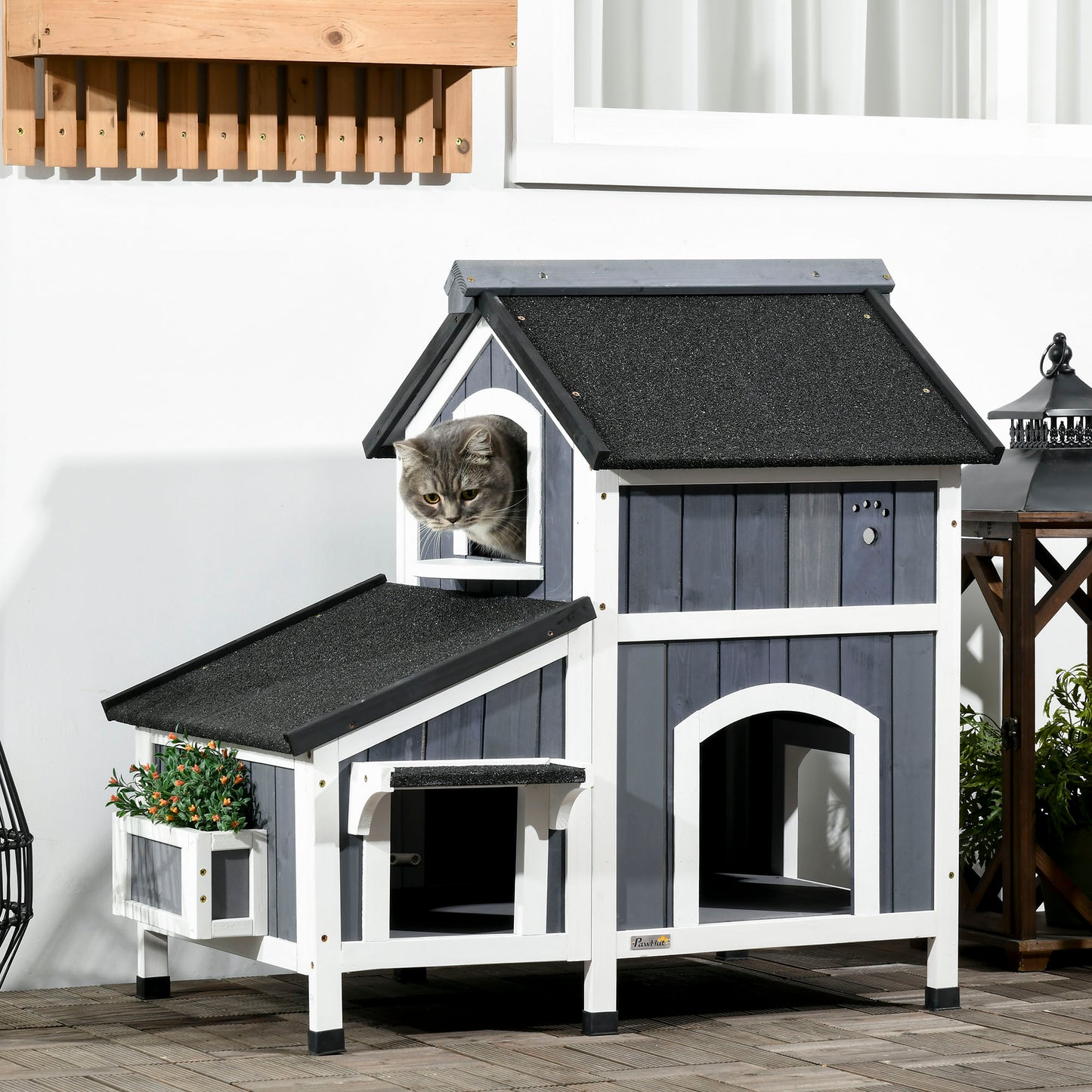 grey cat in two-story wooden cat house, white and charcoal, black shingle roof, natural light