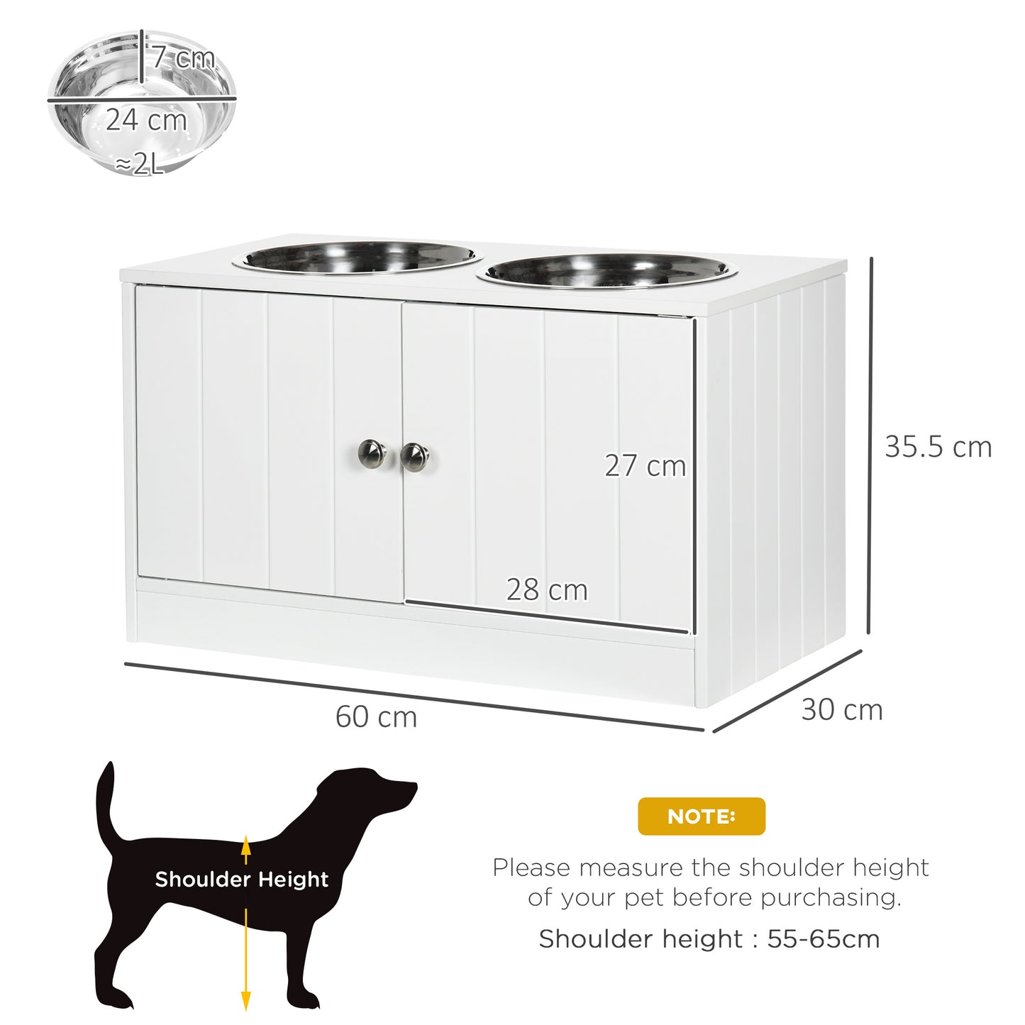 white wood raised feeder with stainless steel bowls, clean lines, minimalist design, pet accessory dimensions shown