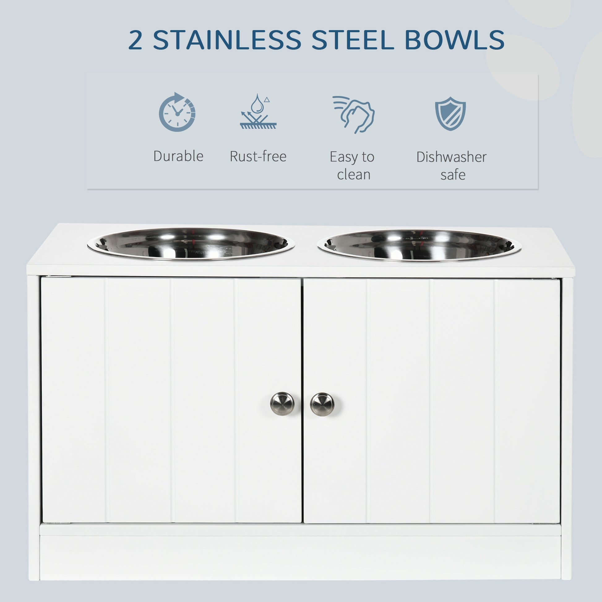 white wooden raised feeder with two stainless steel bowls, clean lines, soft studio light