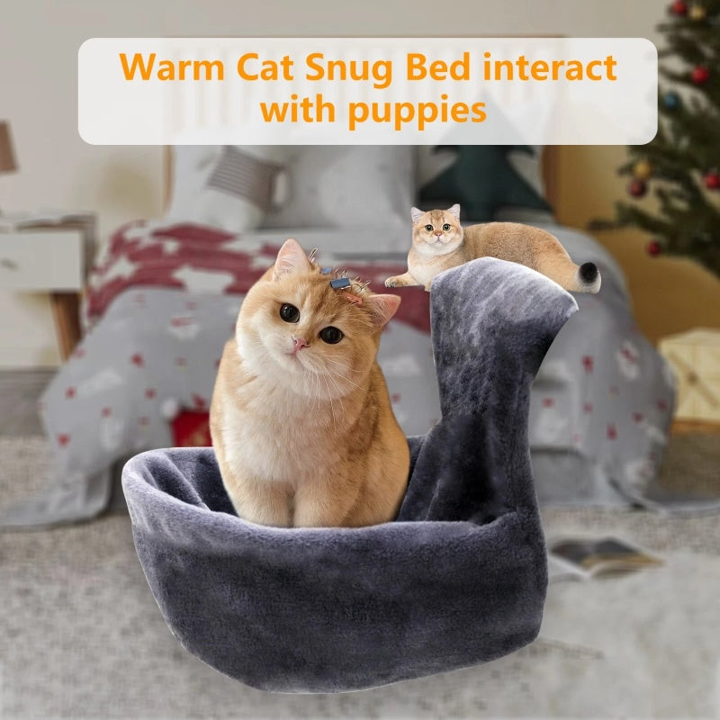 velour cat bed, soft grey plush, ginger cat nestled inside, warm indoor light