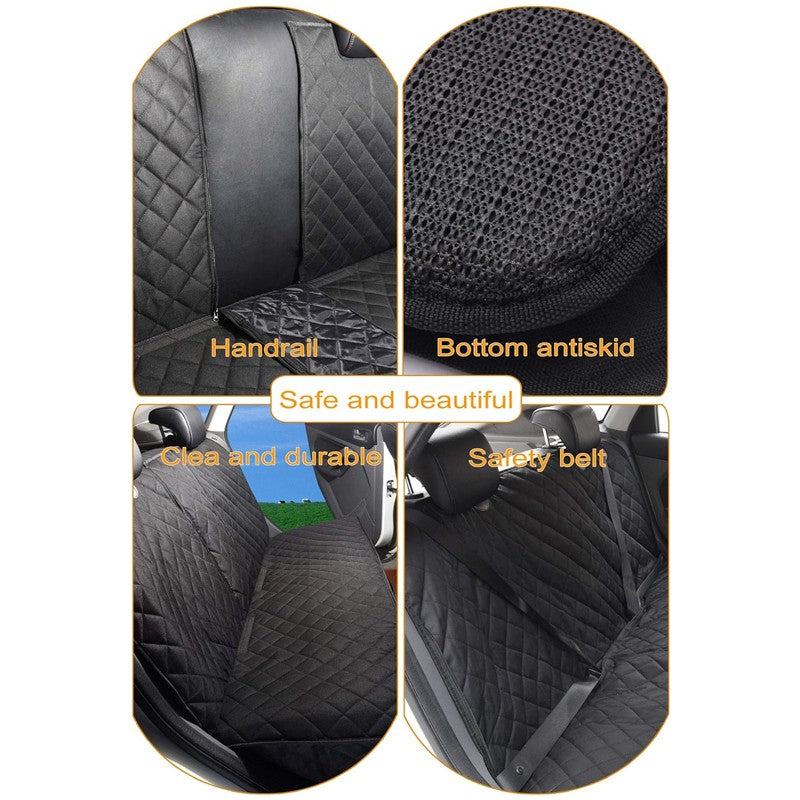 black quilted pet car seat cover, diamond stitching, mesh bottom, safety belt slot, handrail detail