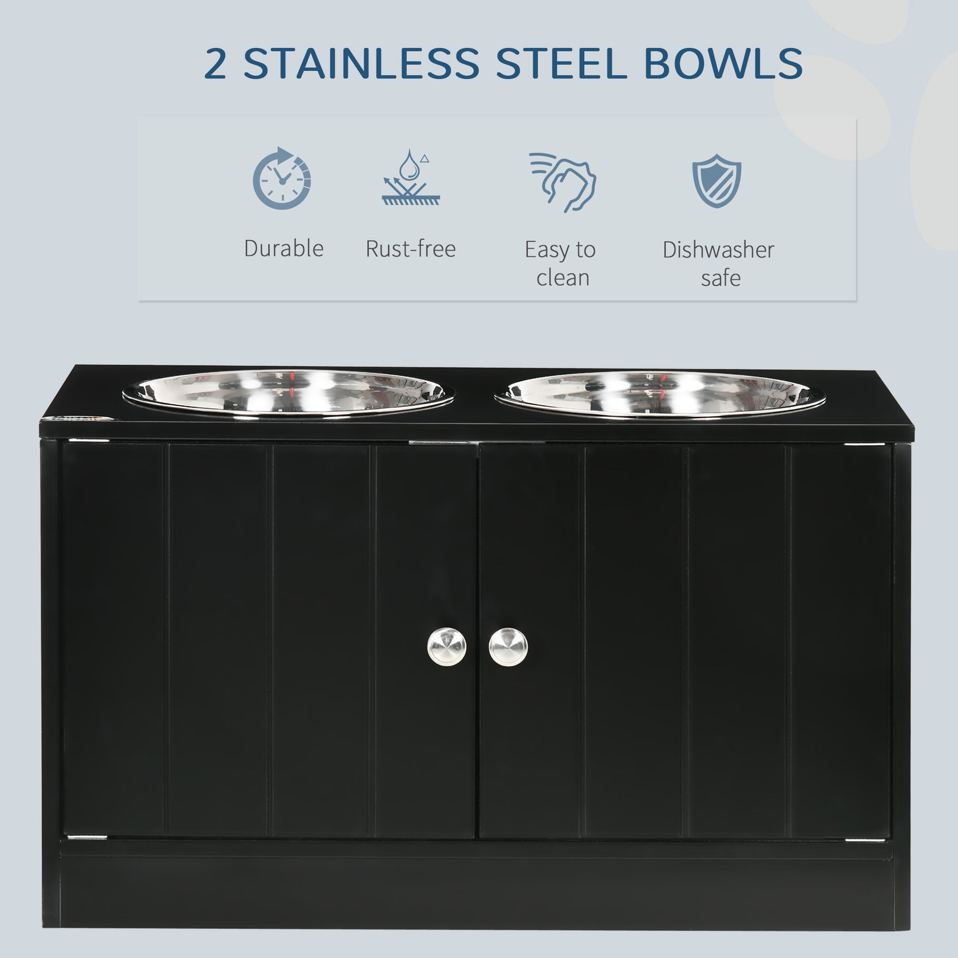 black raised pet feeder with two stainless steel bowls, sleek finish, silver knobs