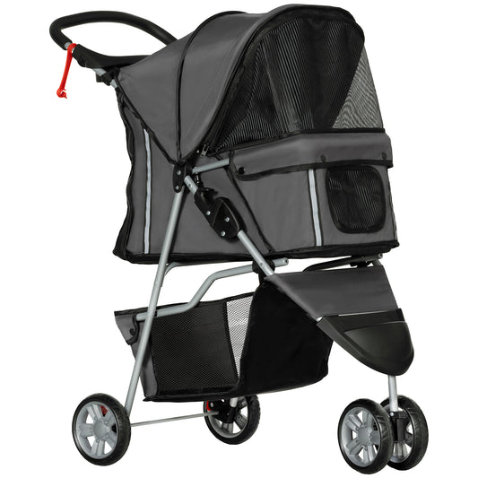 grey fabric pet stroller, silver frame, black mesh panels, four wheels, studio lighting