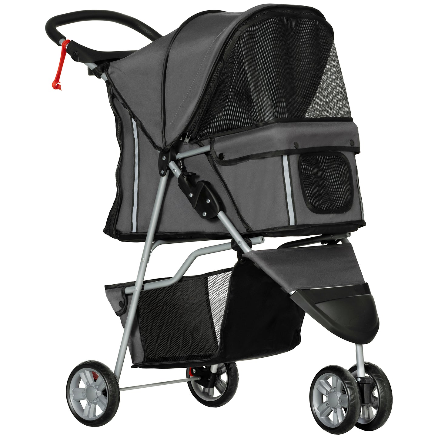 grey fabric pet stroller, black mesh panels, silver frame, four wheels, studio lighting