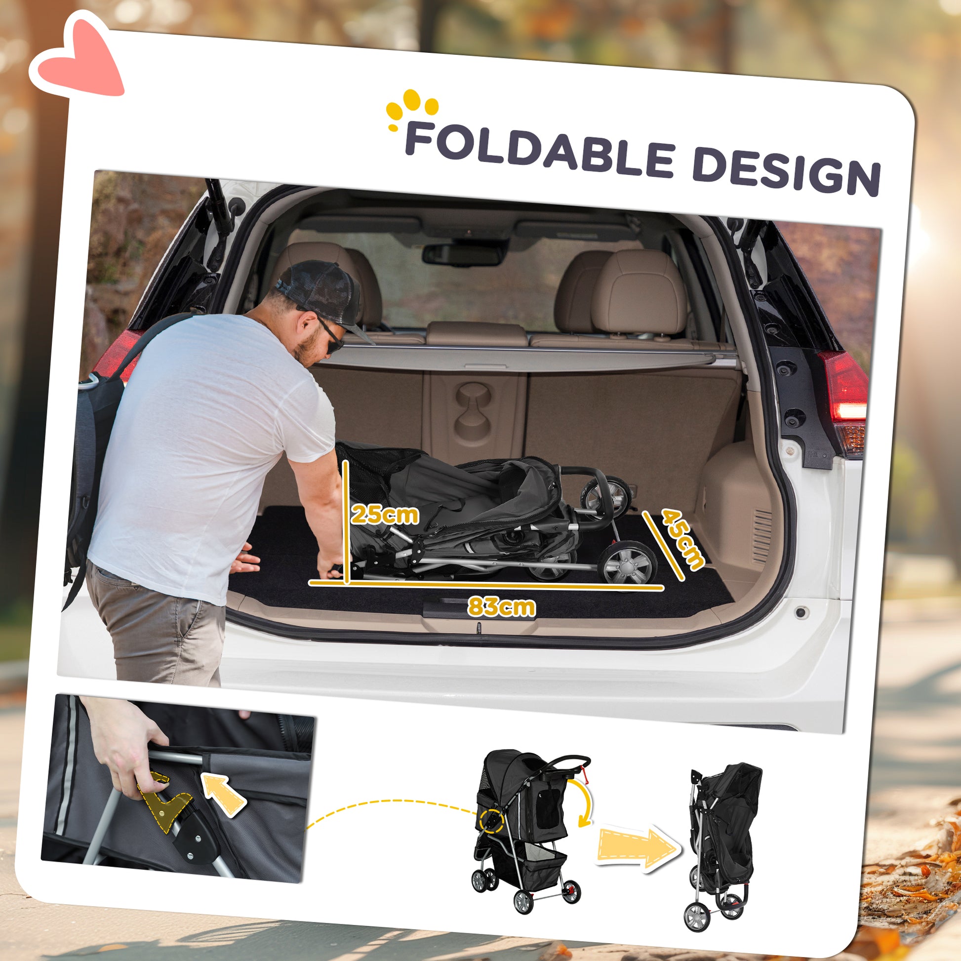 foldable pet stroller, black fabric and metal frame, compact dimensions in car boot, golden hour light