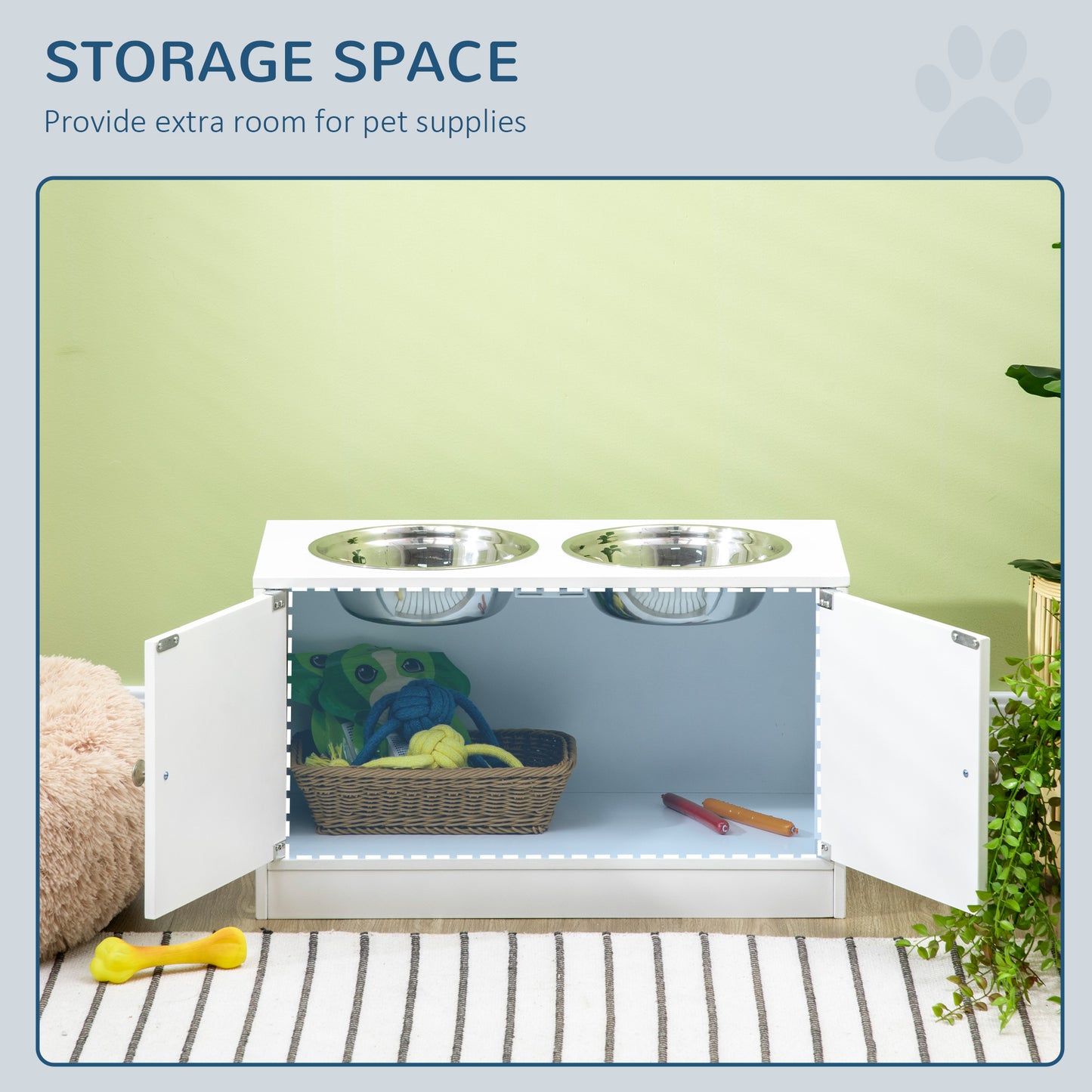 white raised feeder with stainless steel bowls, open storage holding toys, soft light, striped rug