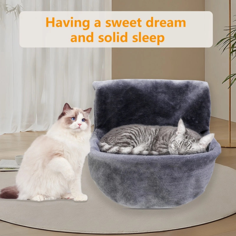 velour cat bed, soft grey texture, two cats resting, natural light, warm neutrals
