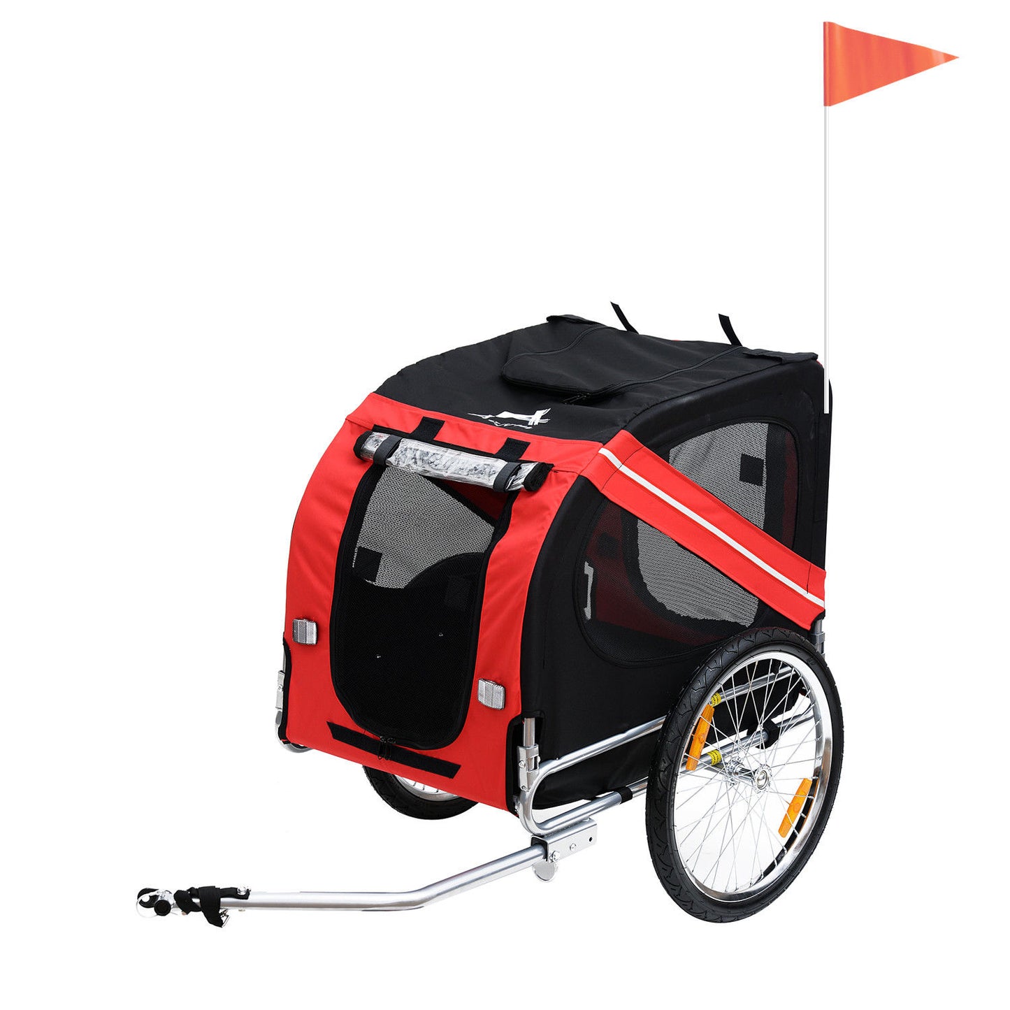 red and black pet bike trailer, mesh windows, silver frame, orange safety flag, studio lighting