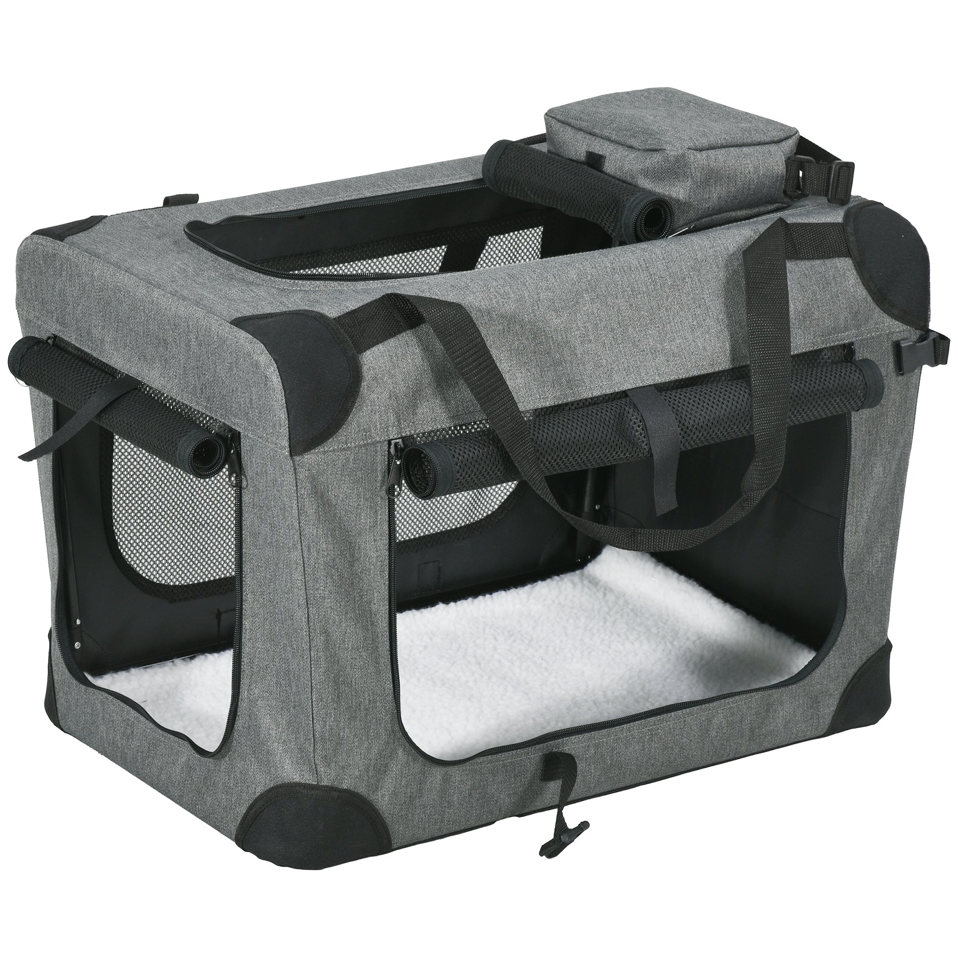 Grey soft-sided folding pet carrier
