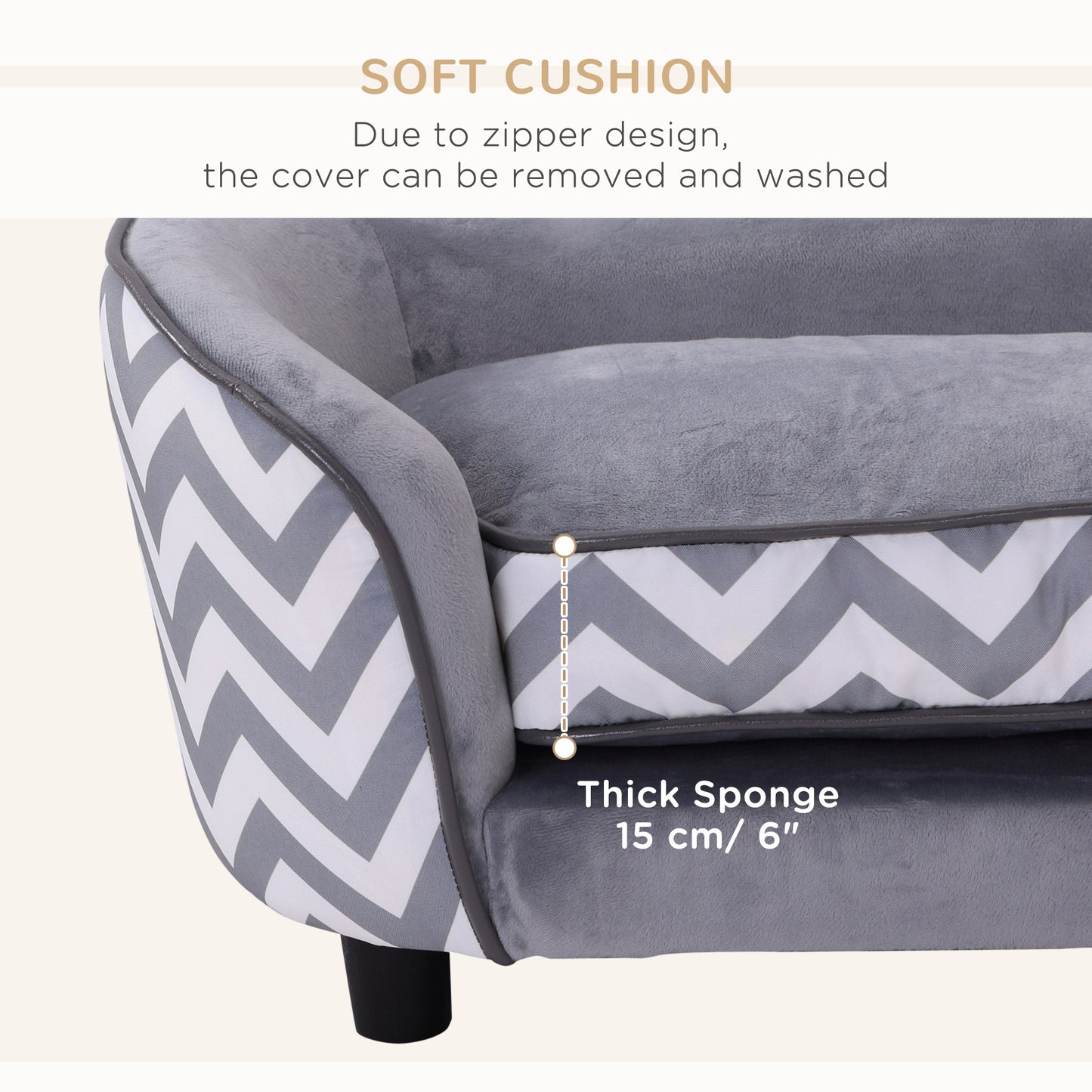 grey velour pet sofa, chevron patterned base, thick sponge cushion, soft texture, neutral studio light