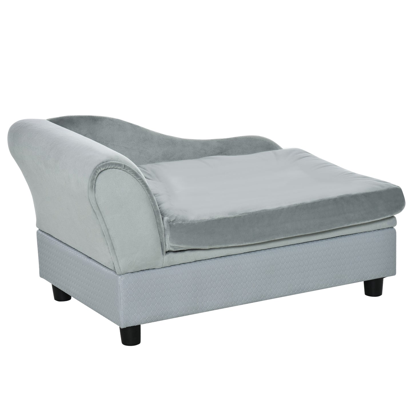 soft grey velour pet sofa, quilted base, black legs, studio lighting