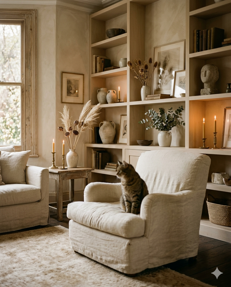 Olive, a tabby cat, on a cream armchair in a Crouch End living room
