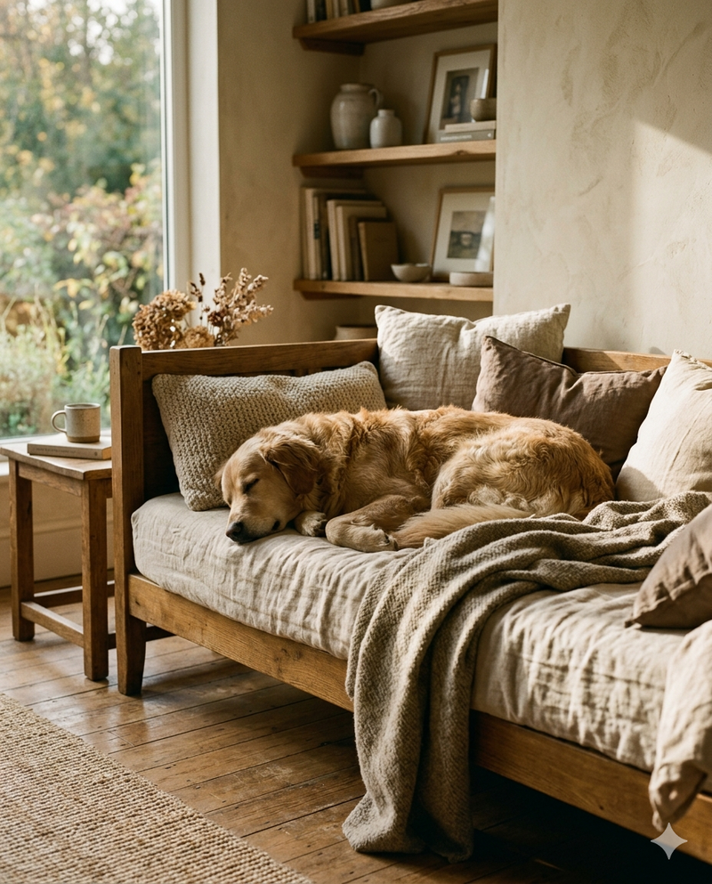 Atlas, a golden retriever, asleep on a linen daybed in Hackney