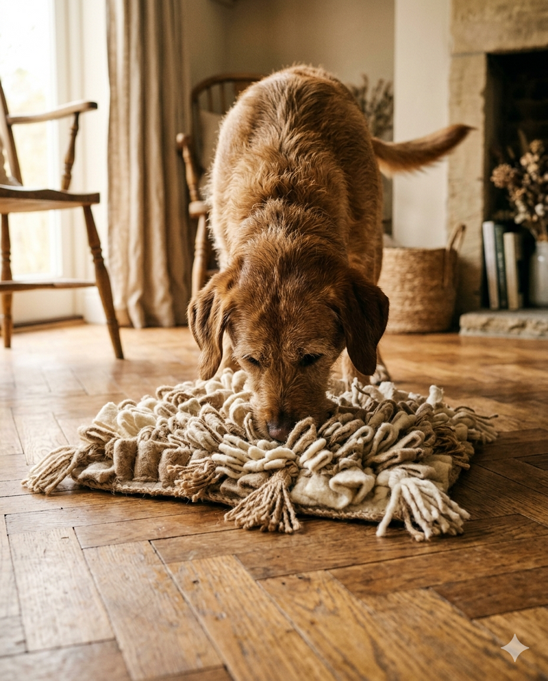 Hazel, a Cockapoo, eating from a wool snuffle mat