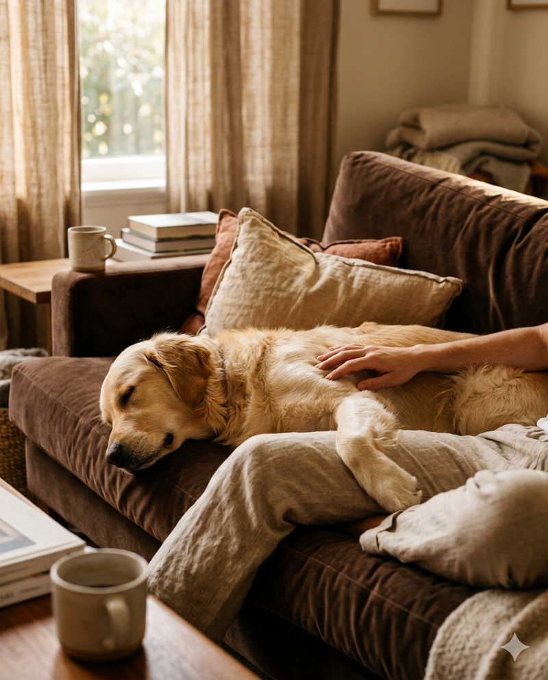 Mabel, a Beagle, asleep against her owner on a brown sofa